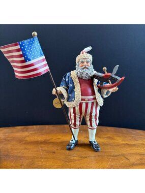 Clothtique Patriotic Santa Figurine With American Flag & Rocking Horse By Possib